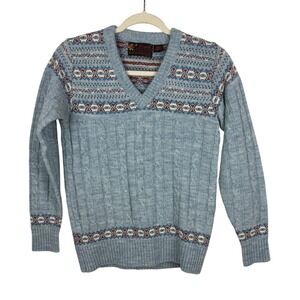 Vintage Jersild Blue‎ Cable Knit Fair Isle V Neck Sweater Size 38